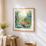 Tiger resting by a stream cross stitch artwork displayed on wall as home decor