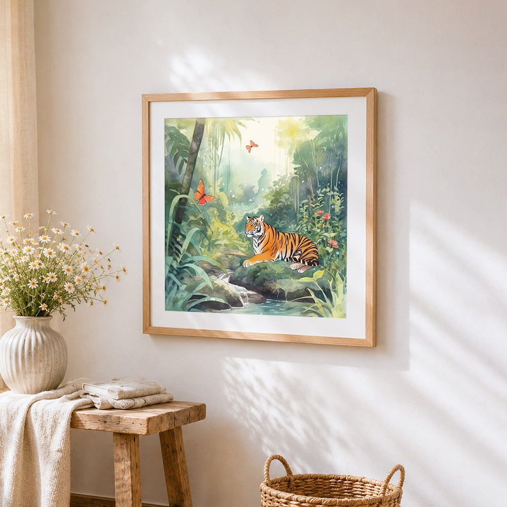 Tiger resting by a stream cross stitch artwork displayed on wall as home decor