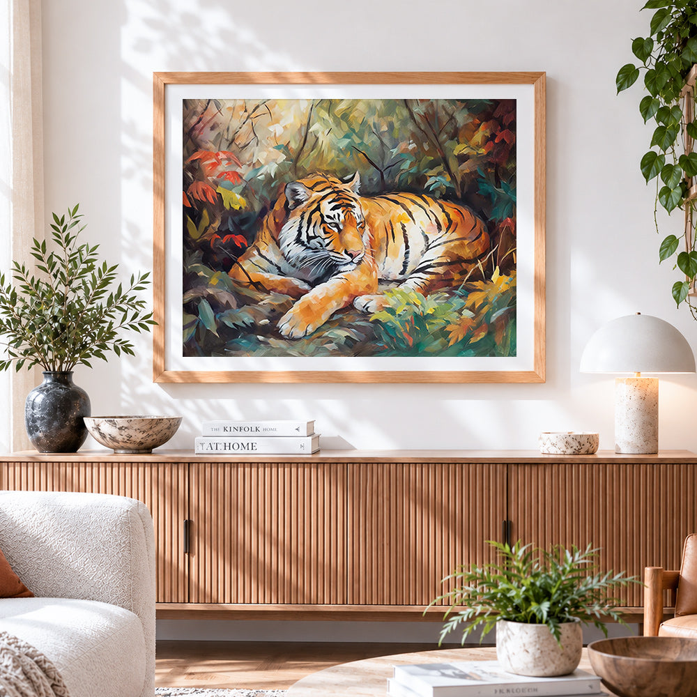 Finished tiger resting in autumn leaves cross stitch artwork displayed