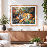 Finished tiger resting in autumn leaves paint by numbers artwork displayed as home decor