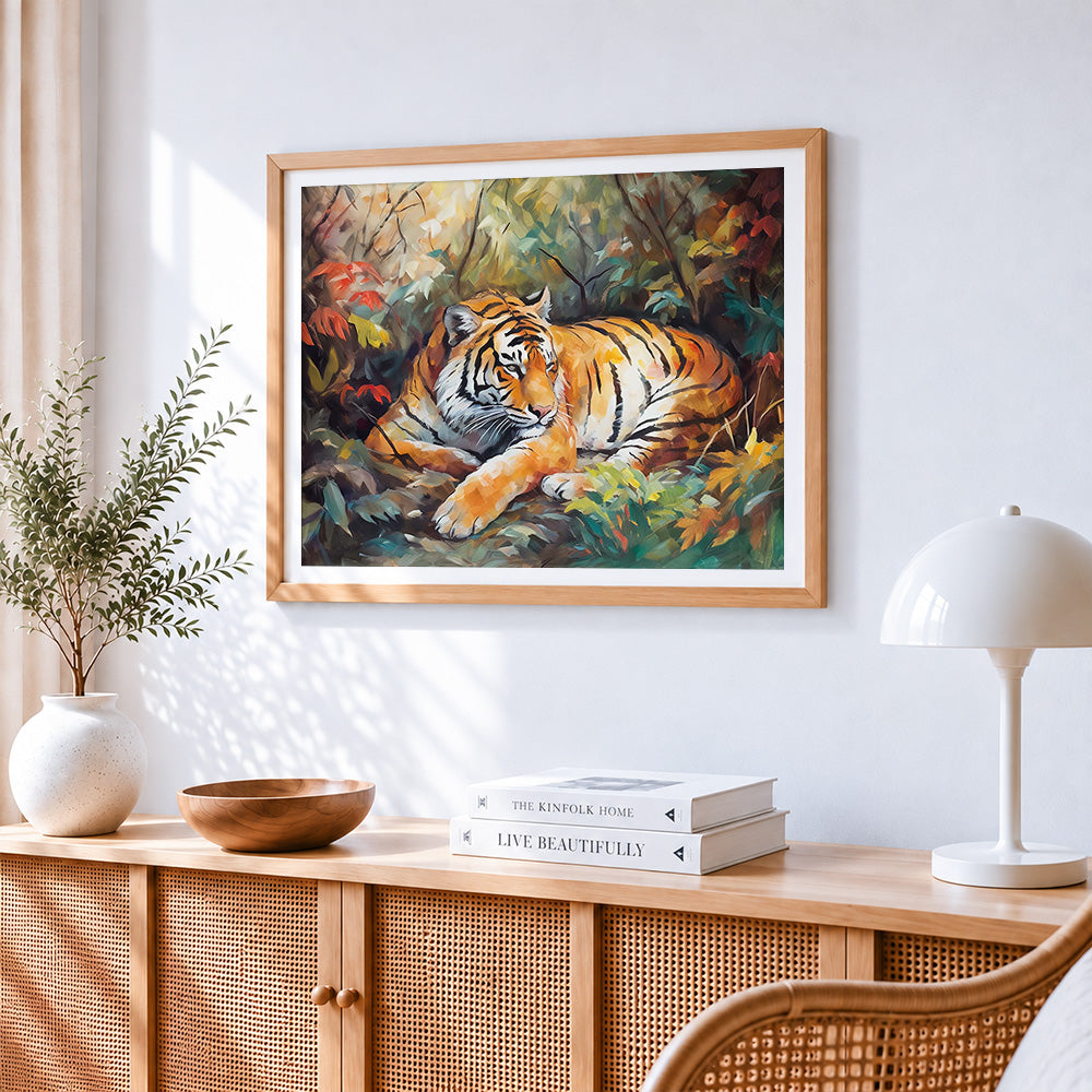 Tiger resting in autumn leaves paint by numbers artwork displayed on wall as home decor