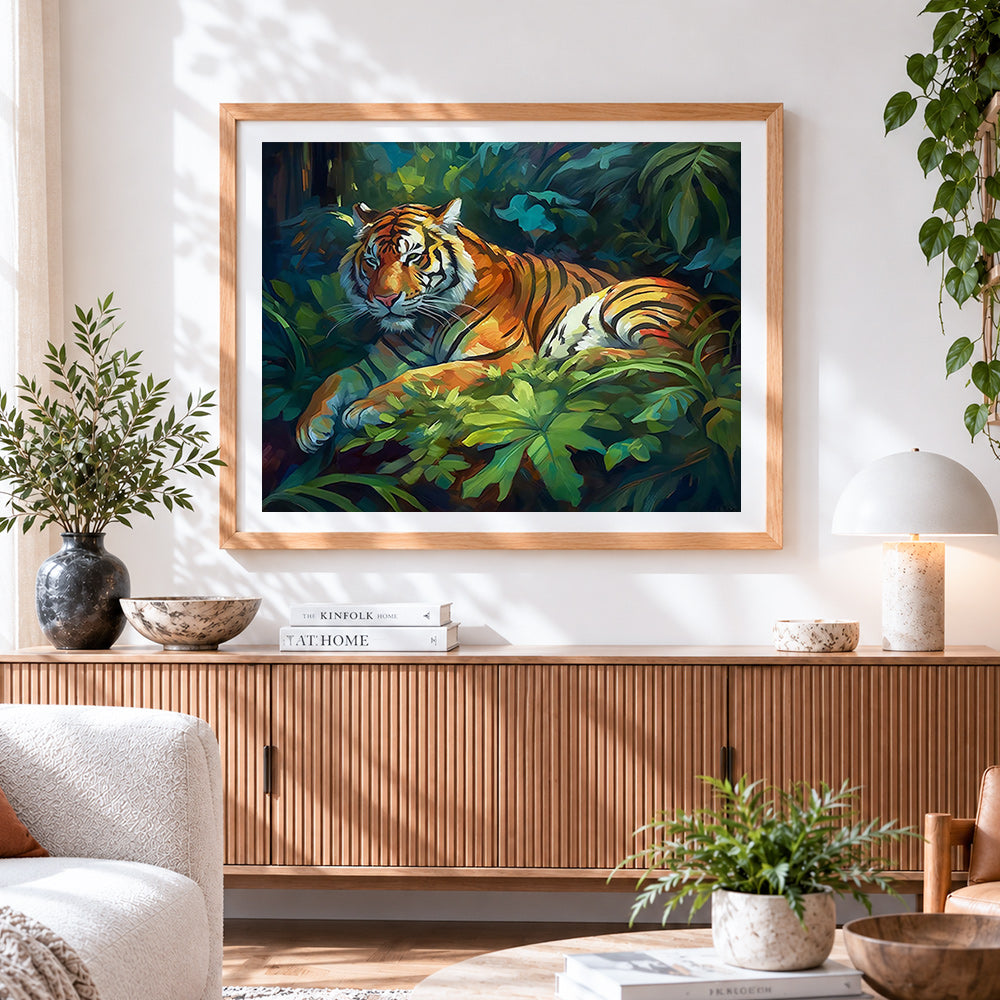 Finished tiger resting in the jungle cross stitch artwork displayed