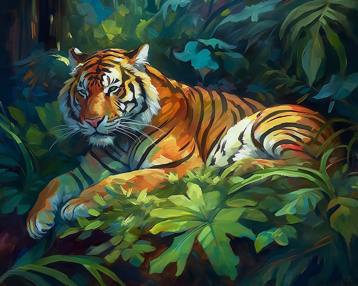 Tiger resting in the jungle cross stitch kit for beginners