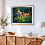 Tiger resting in the jungle cross stitch artwork displayed on wall as home decor