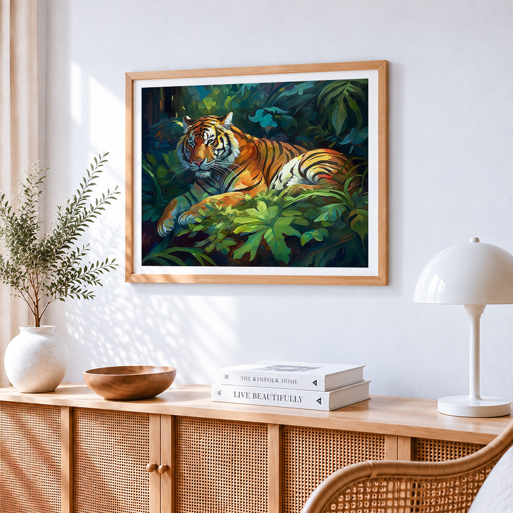 Tiger resting in the jungle cross stitch artwork displayed on wall as home decor