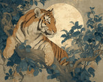 Tiger resting on a tree branch with full moon cross stitch kit for beginners