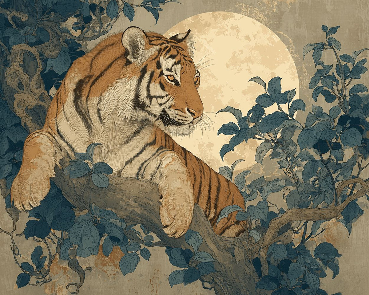 Tiger resting on a tree branch with full moon cross stitch kit for beginners