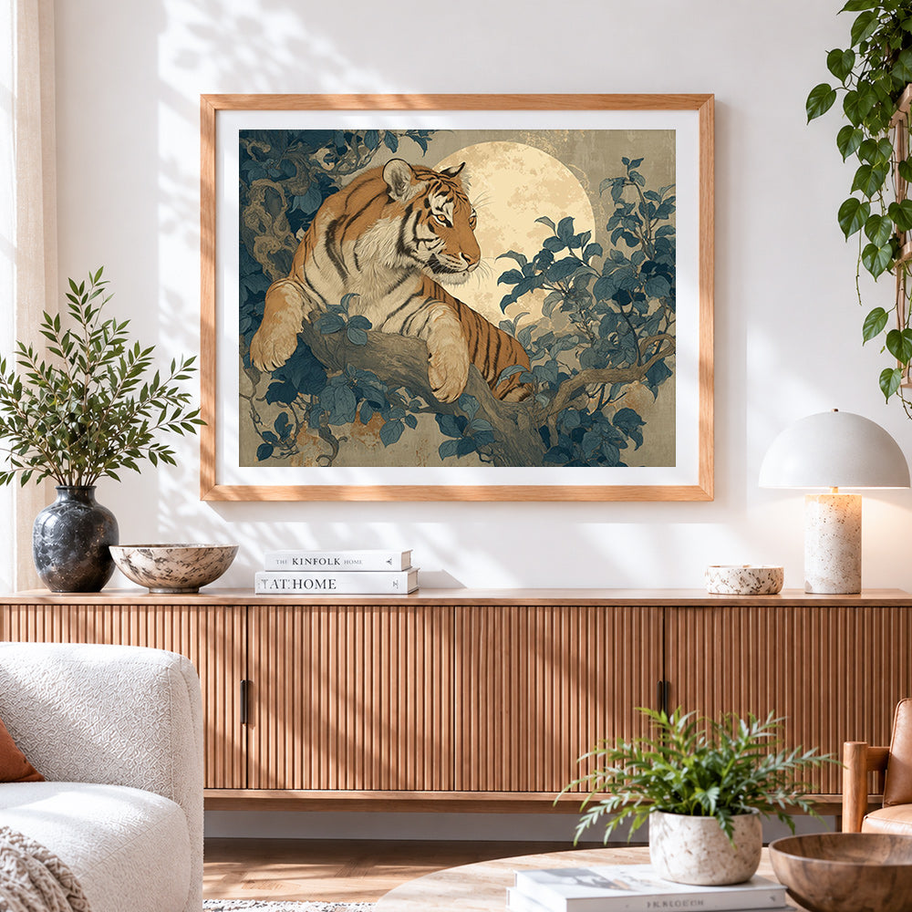 Finished tiger resting on a tree branch with full moon paint by numbers artwork displayed as home decor
