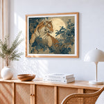 Tiger resting on a tree branch with full moon paint by numbers artwork displayed on wall as home decor