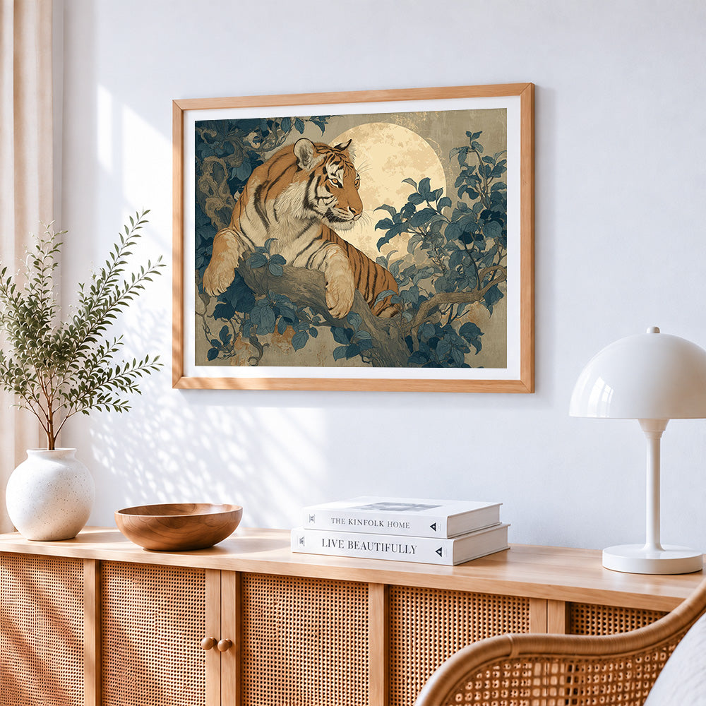 Tiger resting on a tree branch with full moon paint by numbers artwork displayed on wall as home decor
