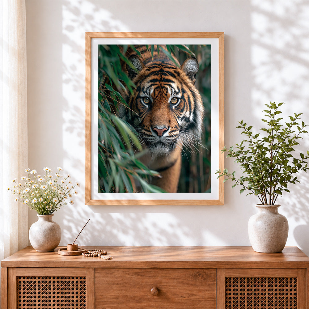 Finished tiger stalking in bamboo cross stitch artwork displayed