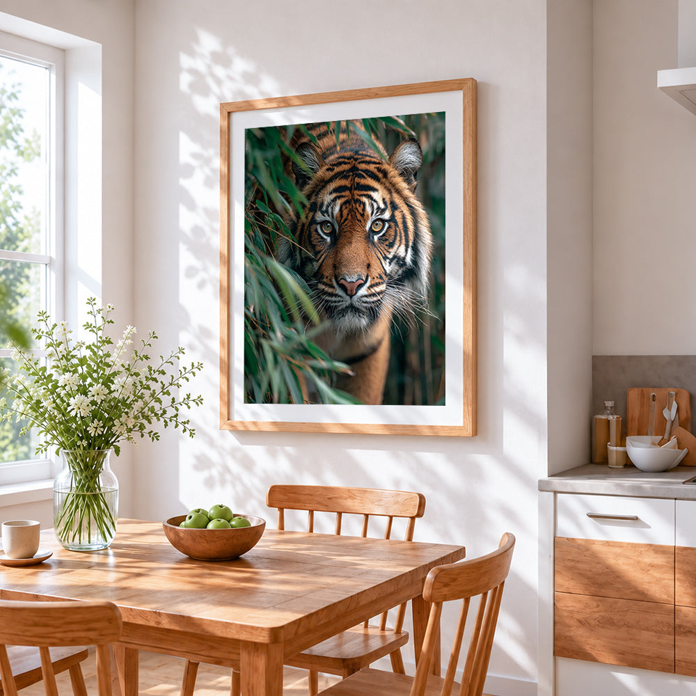 Tiger stalking in bamboo paint by numbers artwork displayed on wall as home decor