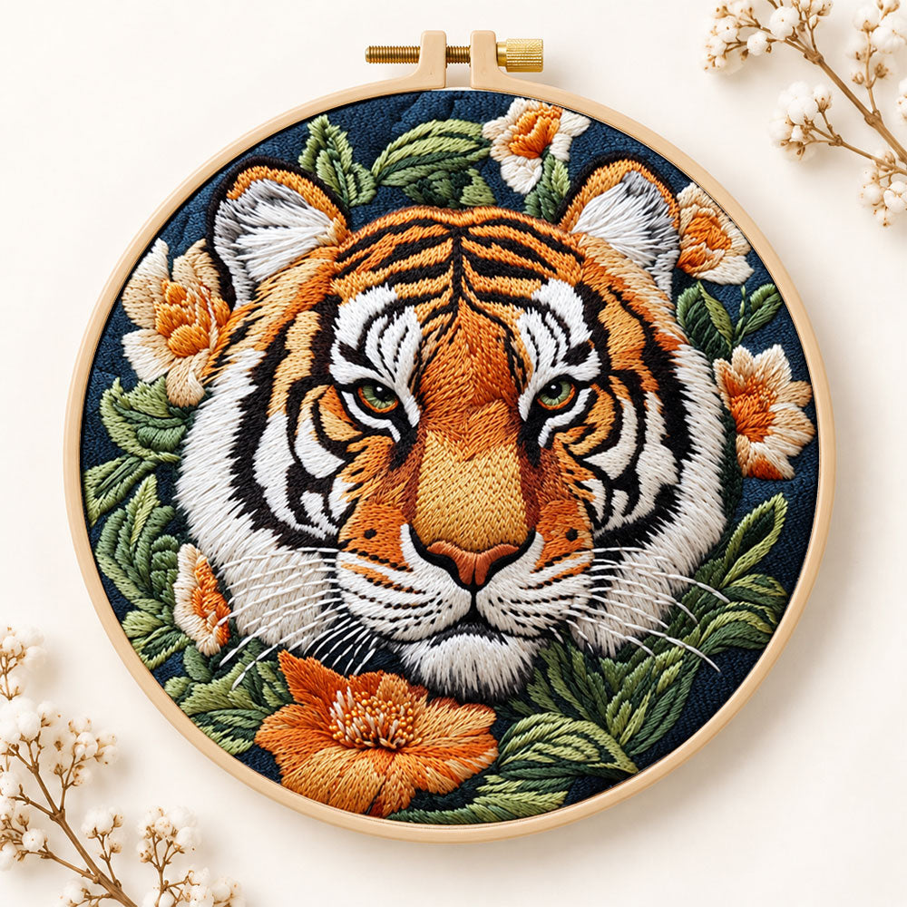 Tiger surrounded by blooms embroidery kit