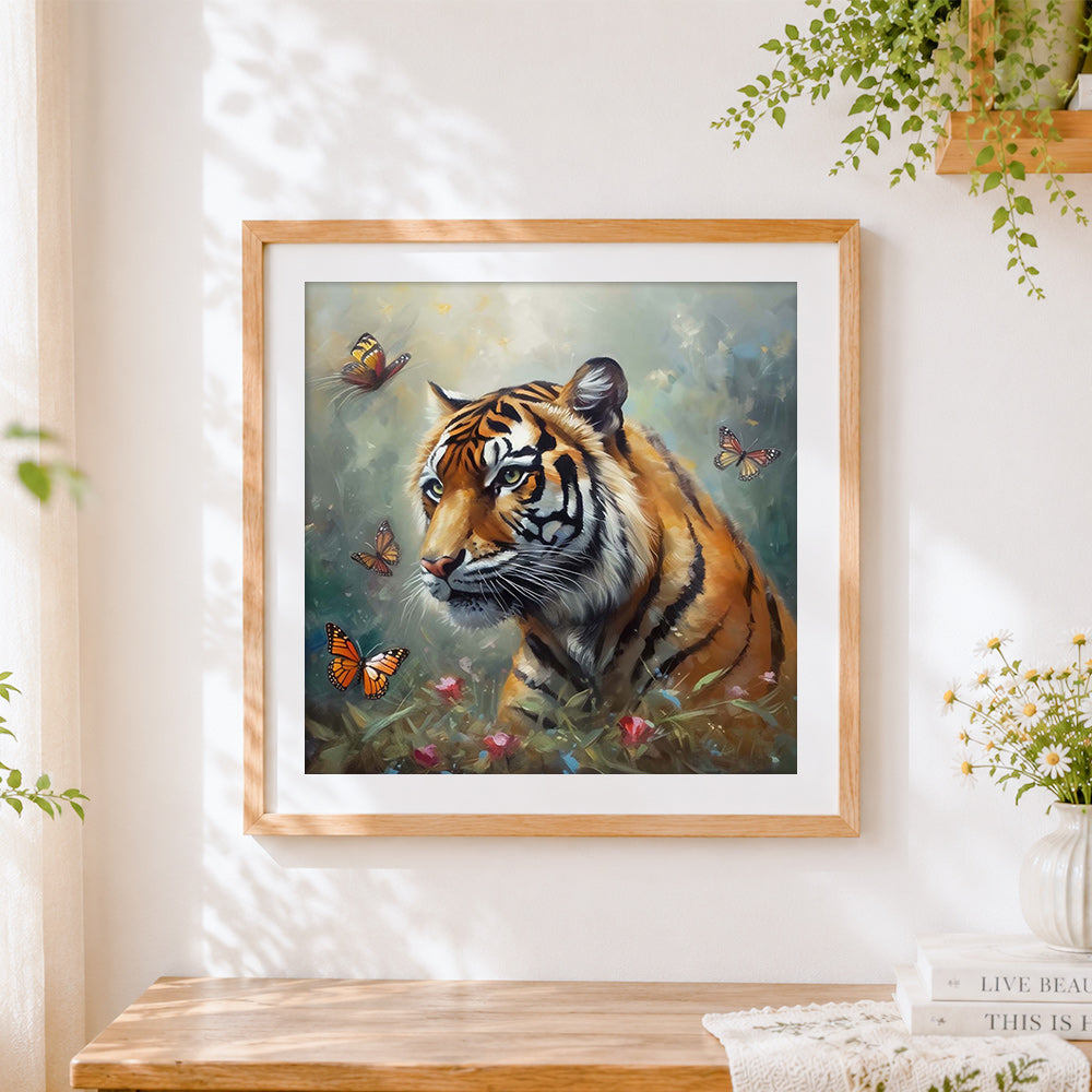 Finished tiger surrounded by butterflies cross stitch artwork displayed