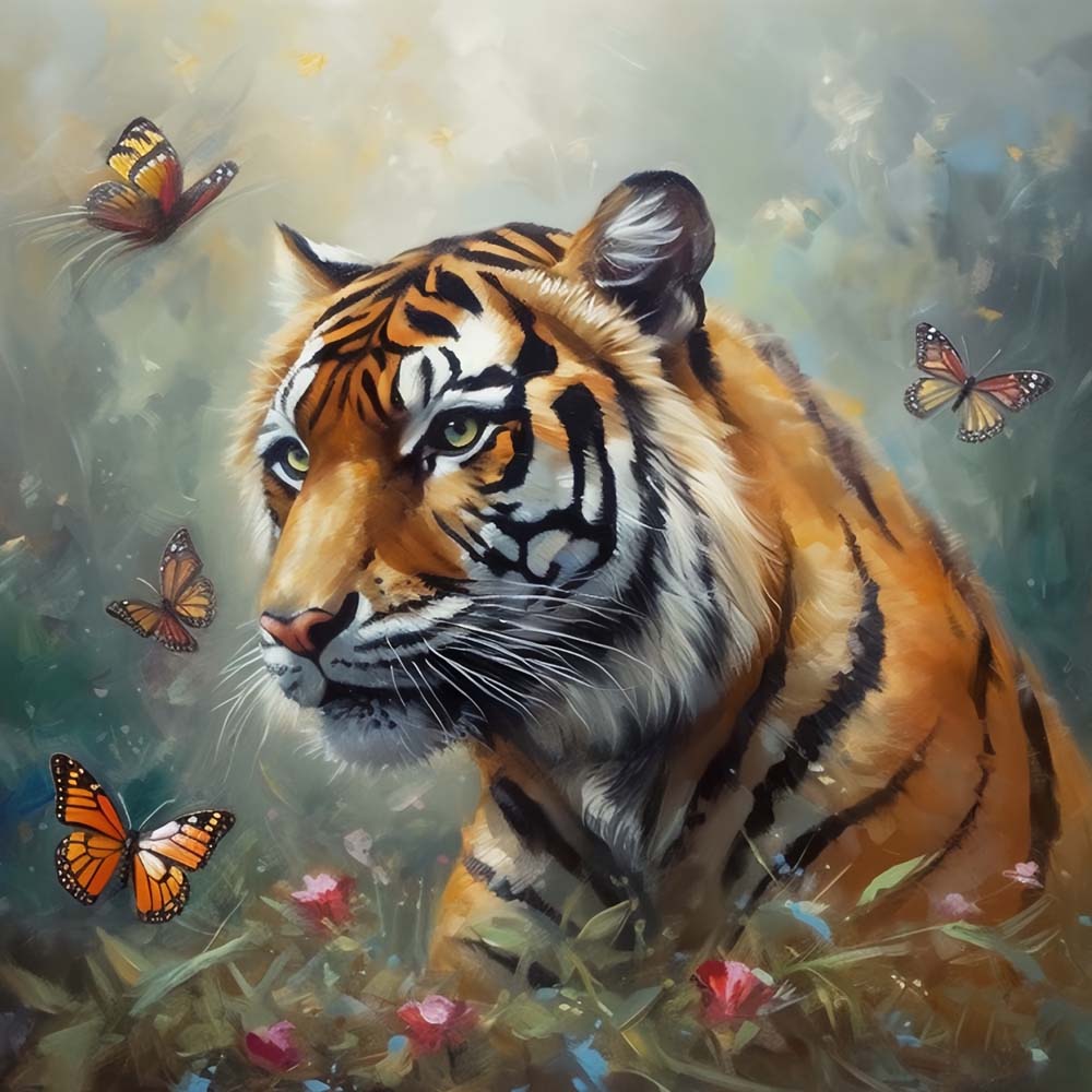 Tiger surrounded by butterflies cross stitch kit for beginners