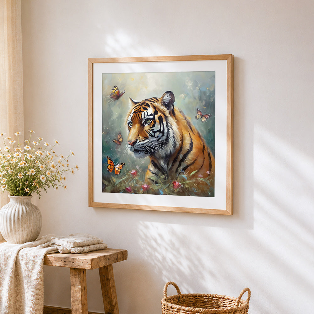 Tiger surrounded by butterflies cross stitch artwork displayed on wall as home decor