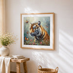Tiger surrounded by butterflies cross stitch artwork displayed on wall as home decor
