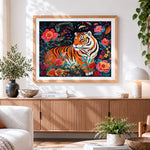 Finished tiger surrounded by colourful flowers cross stitch artwork displayed