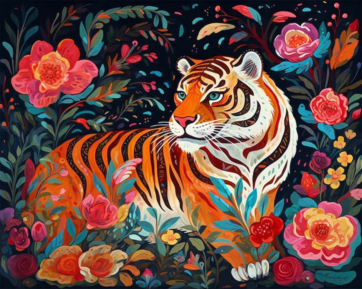 Tiger surrounded by colourful flowers cross stitch kit for beginners