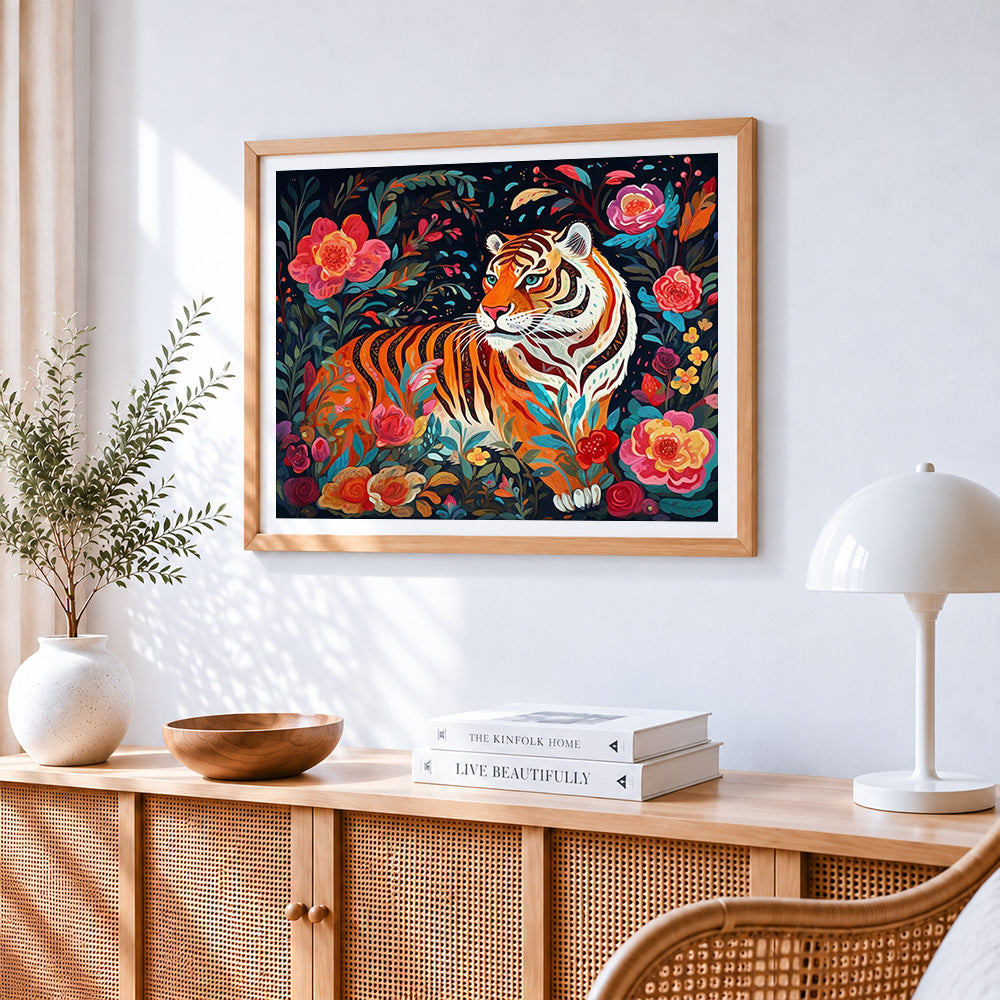 Tiger surrounded by colourful flowers cross stitch artwork displayed on wall as home decor