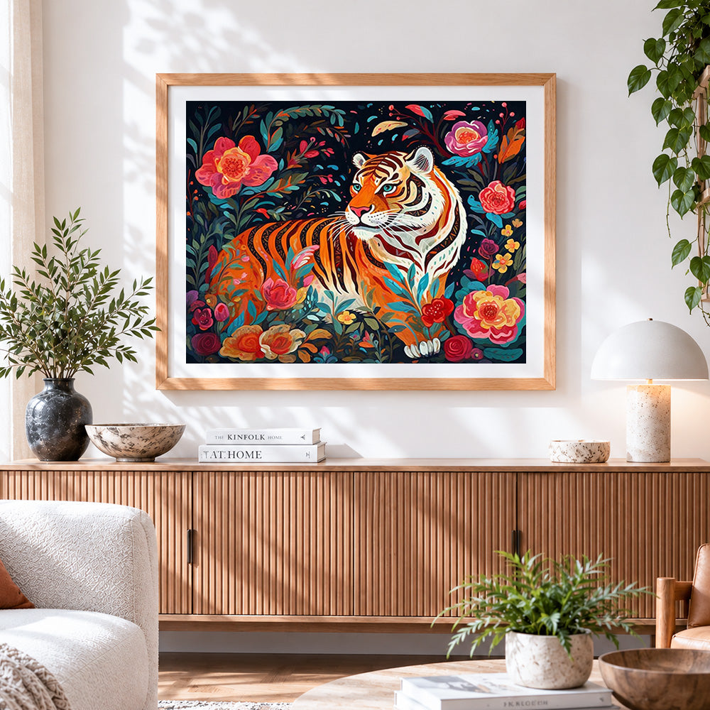 Finished tiger surrounded by colourful flowers paint by numbers artwork displayed as home decor