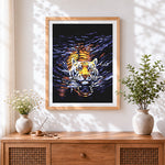 Finished tiger swimming in water cross stitch artwork displayed