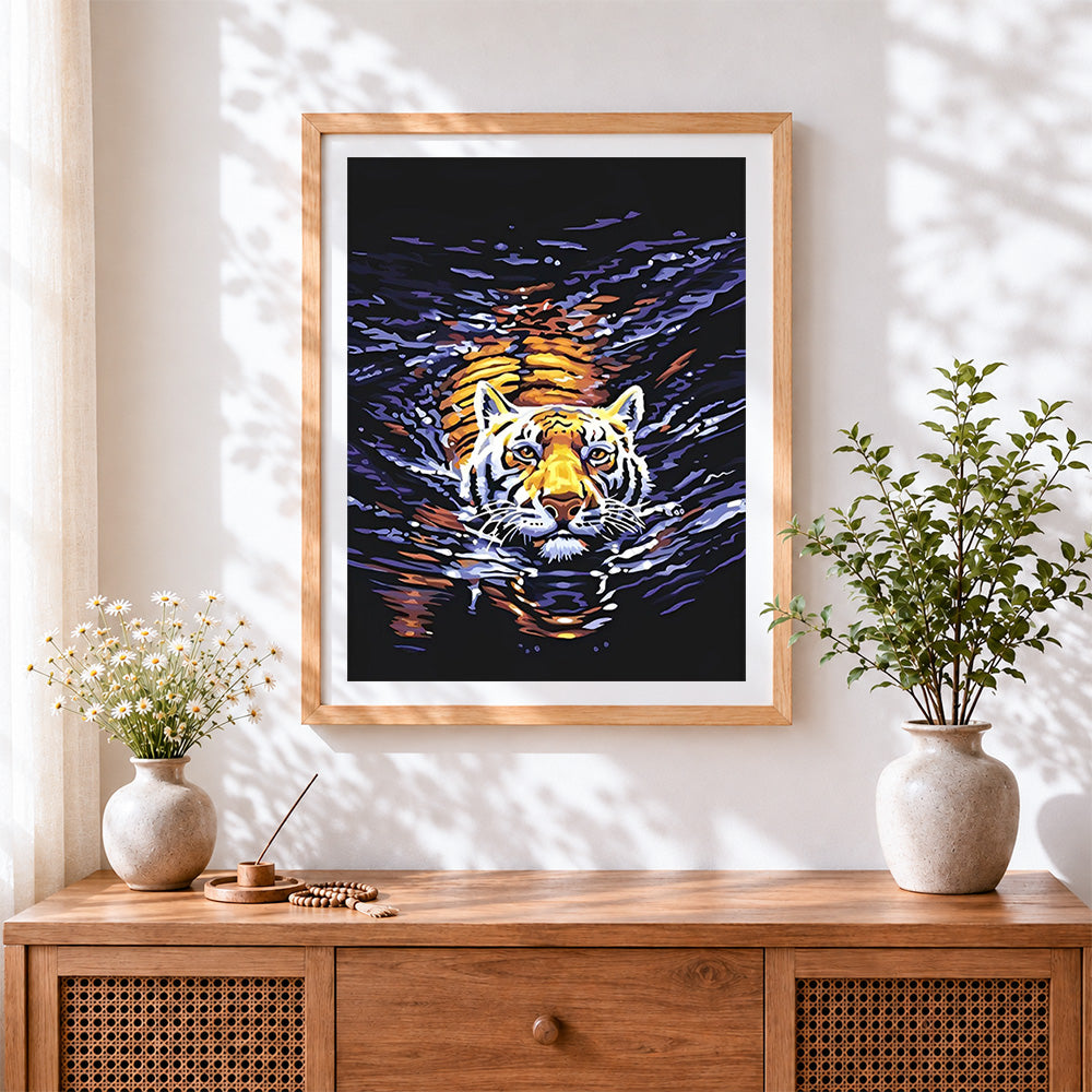 Finished tiger swimming in water cross stitch artwork displayed