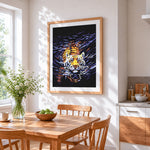 Tiger swimming in water cross stitch artwork displayed on wall as home decor