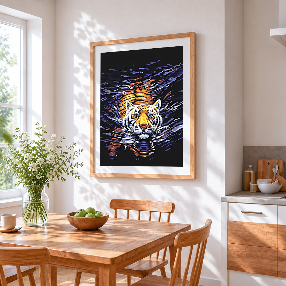 Tiger swimming in water cross stitch artwork displayed on wall as home decor