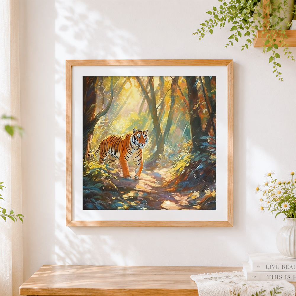 Finished tiger walking in a sunlit forest cross stitch artwork displayed
