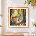 Finished tiger walking in a sunlit forest cross stitch artwork displayed