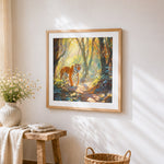 Tiger walking in a sunlit forest cross stitch artwork displayed on wall as home decor