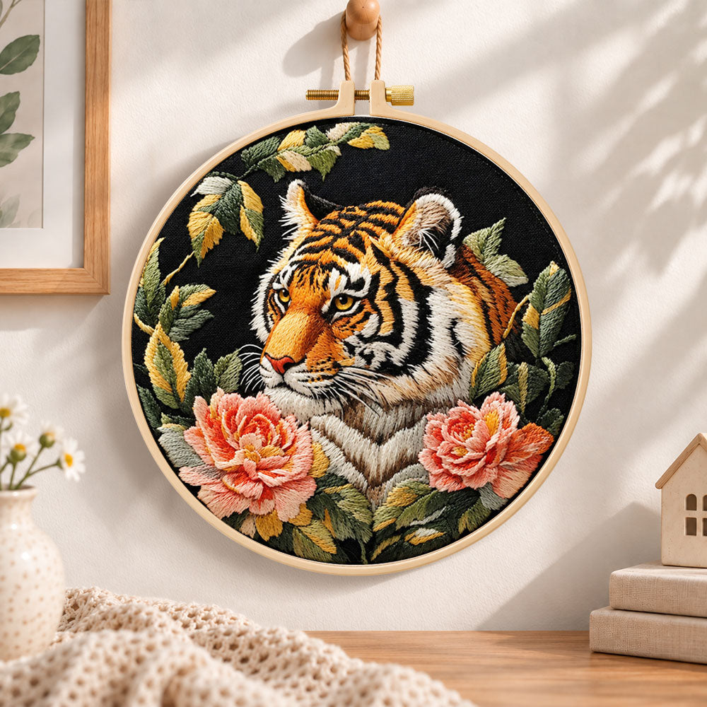 Tiger with pink peonies embroidery hoop wall art displayed as warm and cosy handmade home decor