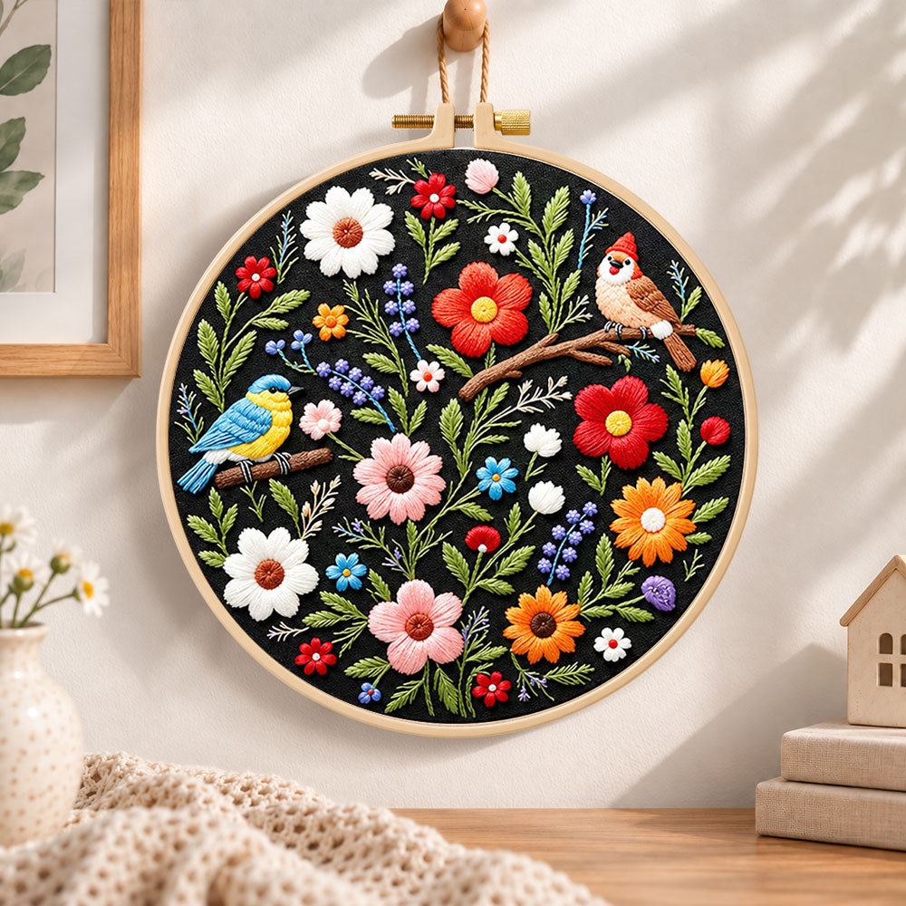 Titmouse and colourful wildflowers embroidery hoop wall art displayed as warm and cosy handmade home decor
