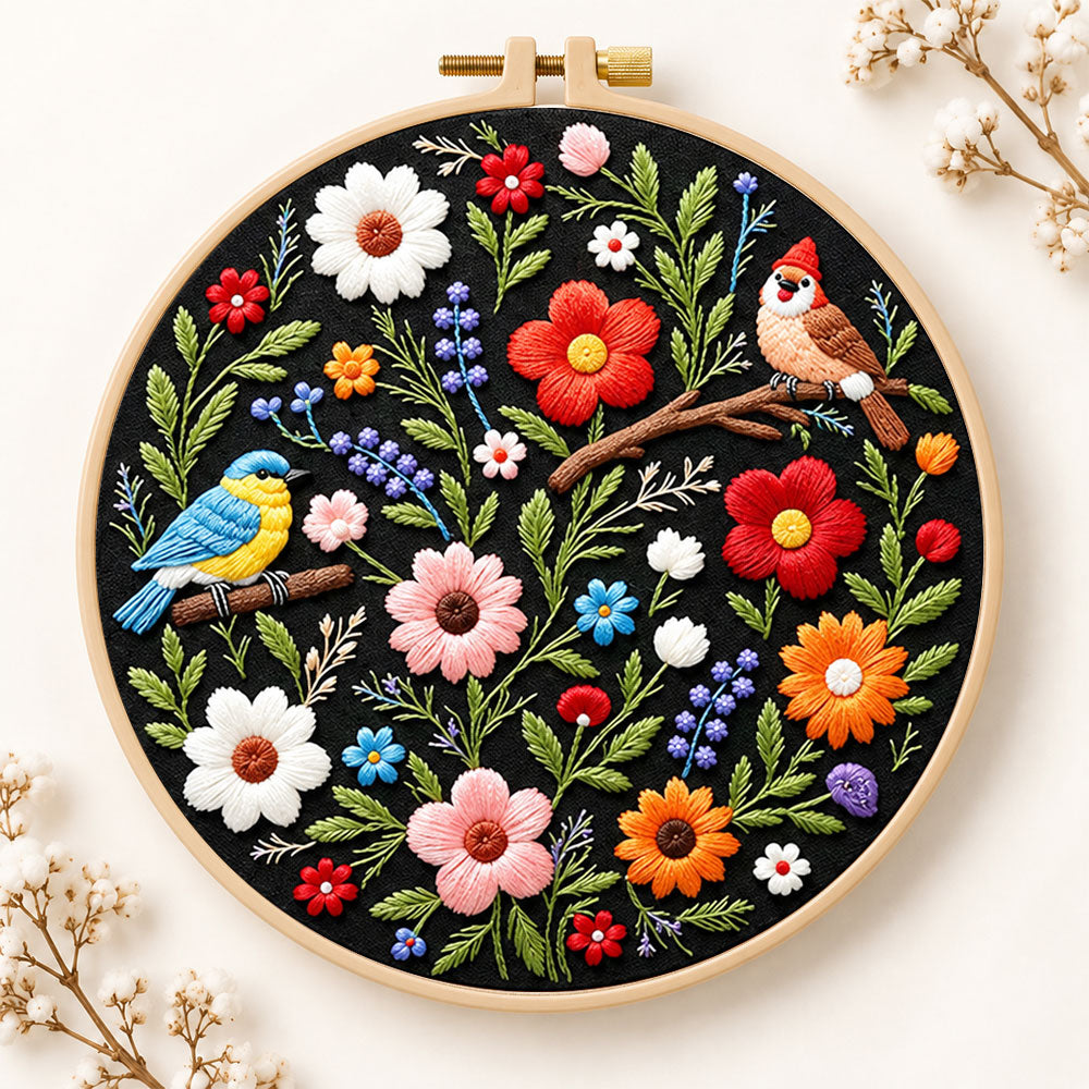 Titmouse and colourful wildflowers embroidery kit