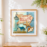 Finished "to the beach" coastal sign cross stitch artwork displayed