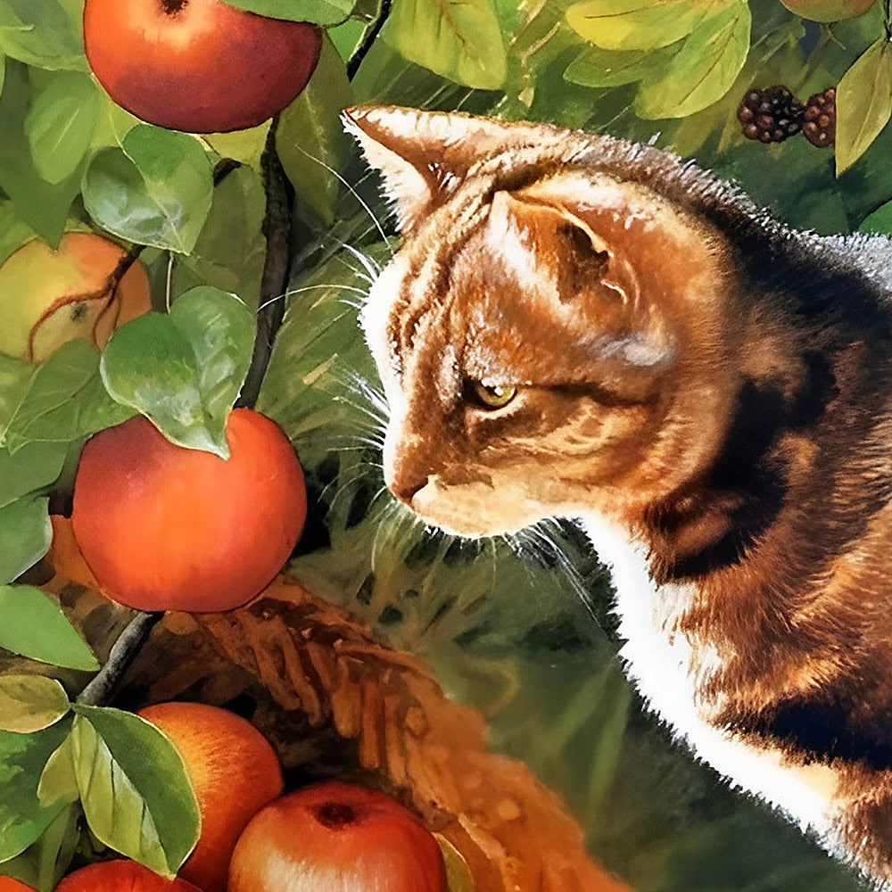 Tortoiseshell cat in apple orchard cross stitch kit for beginners