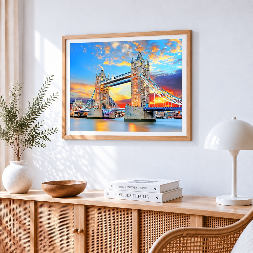 Tower bridge at sunset cross stitch artwork displayed on wall as home decor