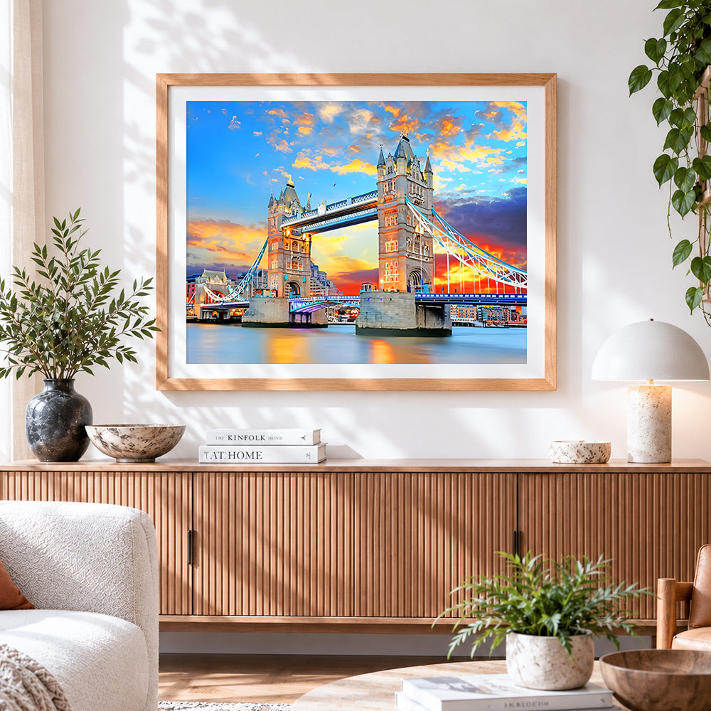 Finished tower bridge at sunset paint by numbers artwork displayed as home decor