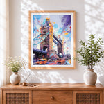 Finished tower bridge in abstract colours cross stitch artwork displayed