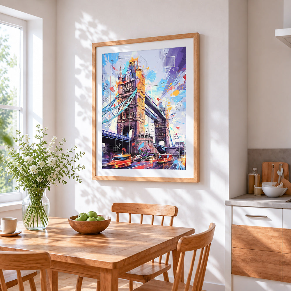 Tower bridge in abstract colours cross stitch artwork displayed on wall as home decor