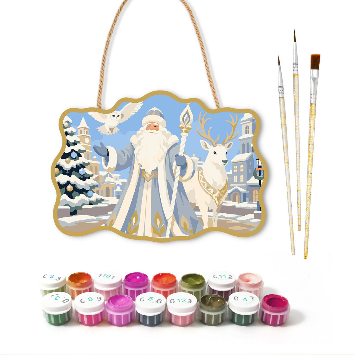 Town santa celebration paint by numbers door hanger with paints and brushes