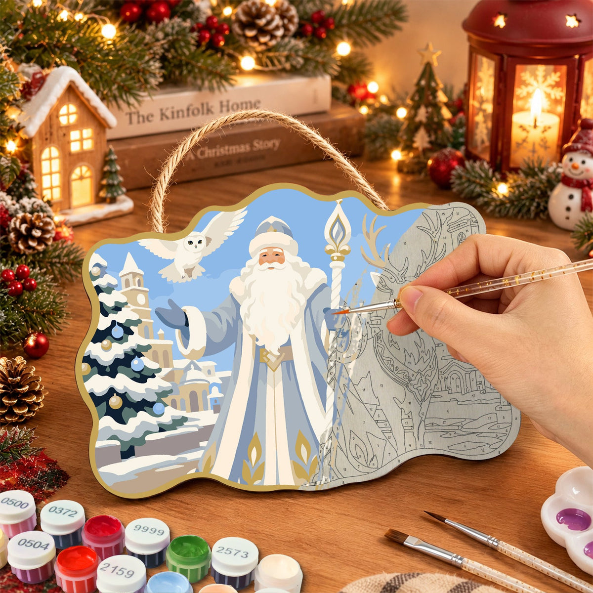 Town santa celebration paint by numbers door hanger painting process