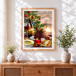 Finished traditional christmas feast cross stitch artwork displayed