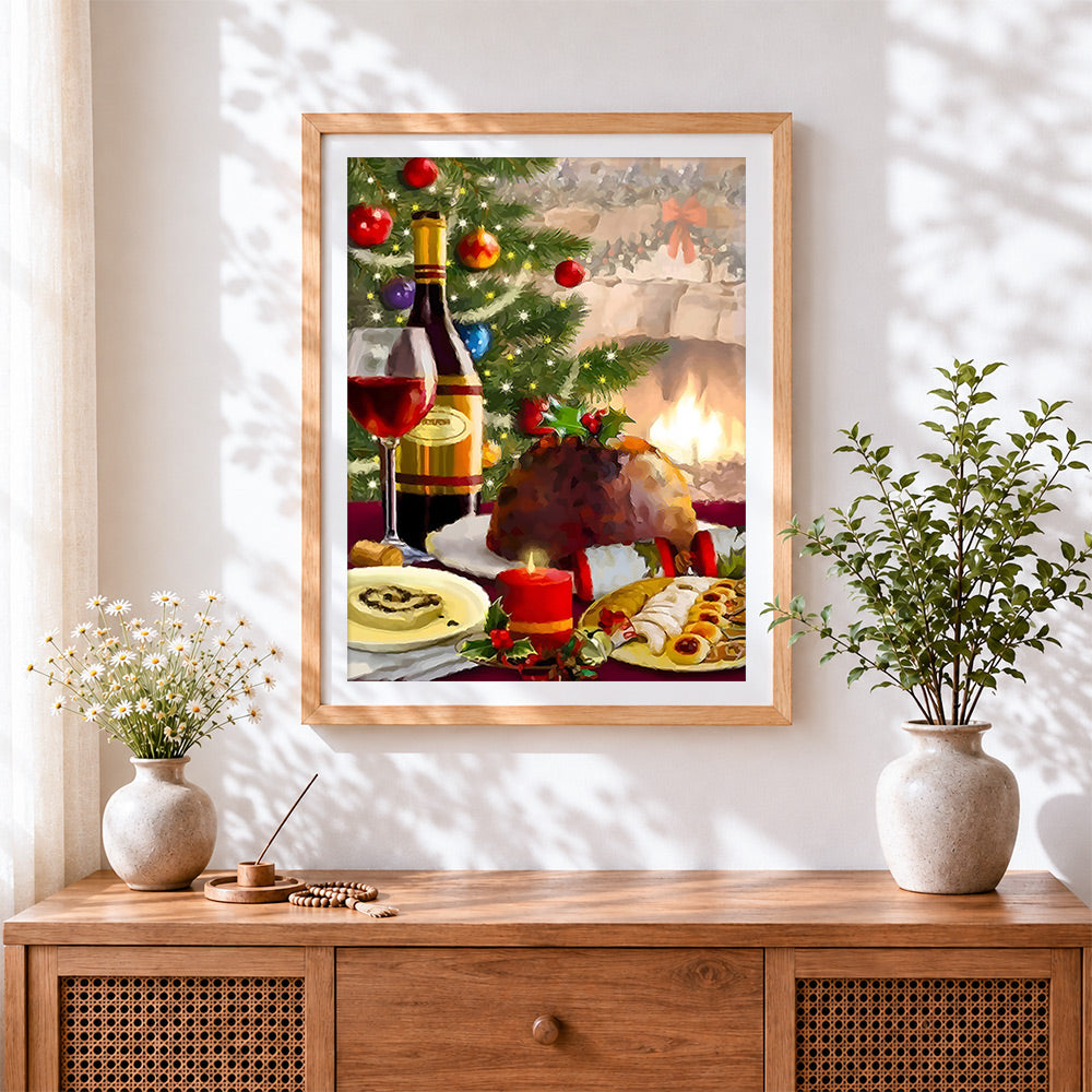 Finished traditional christmas feast cross stitch artwork displayed