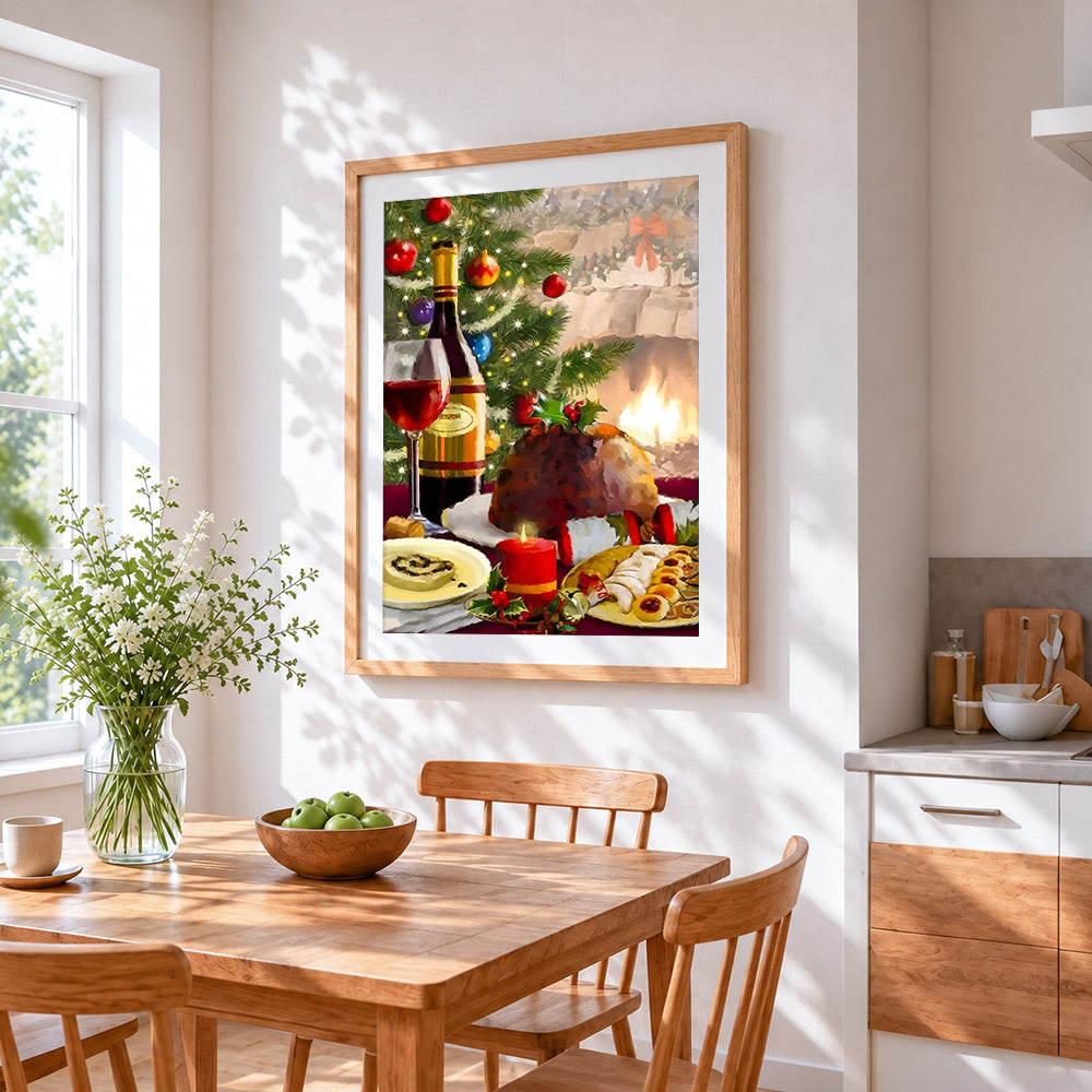 Traditional christmas feast cross stitch artwork displayed on wall as home decor