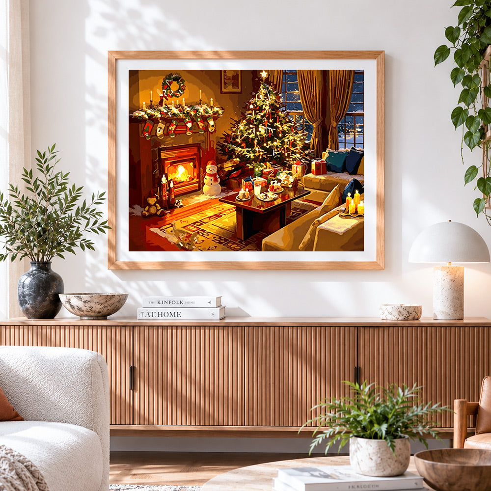 Finished traditional christmas living room with fireplace cross stitch artwork displayed