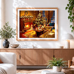 Finished traditional christmas living room with fireplace cross stitch artwork displayed