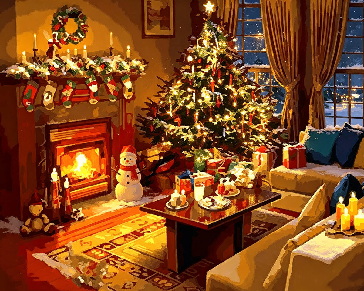Traditional christmas living room with fireplace cross stitch kit for beginners