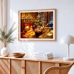 Traditional christmas living room with fireplace cross stitch artwork displayed on wall as home decor
